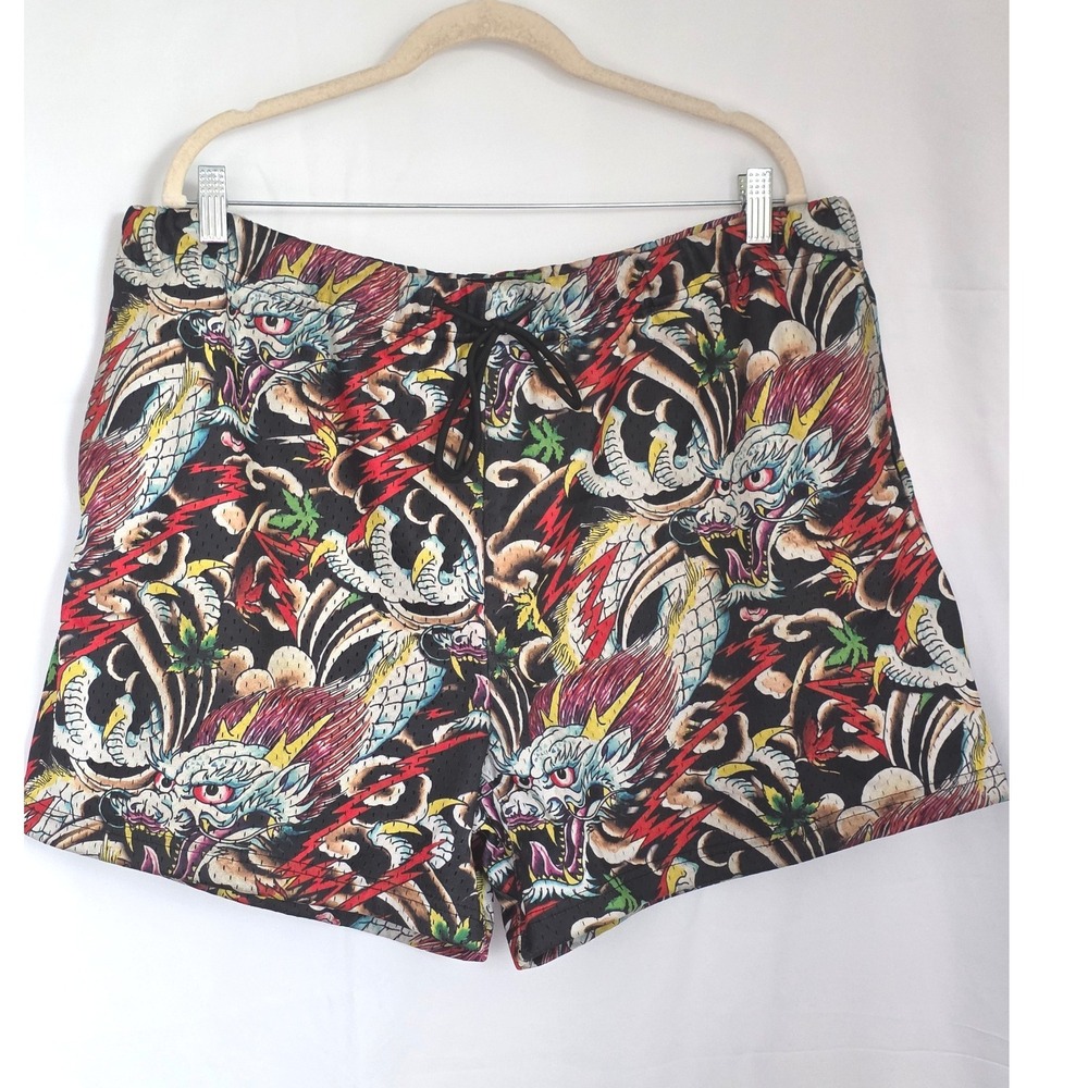 Ed Hardy Mens Dragon Print Mesh Athletic Shorts XL Black Tattoo Graphic Rare